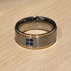 Stauer Stainless Steel Band Ring with Blue Stones, Gold Trim